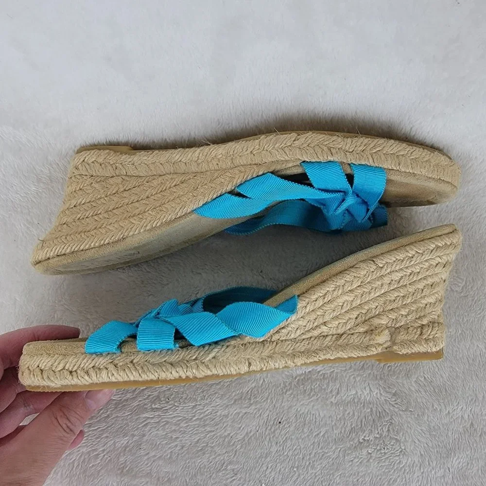J. Crew Blue Strappy Espadrille Platform Mid Heels Wedge Sandals 8 Made in Italy